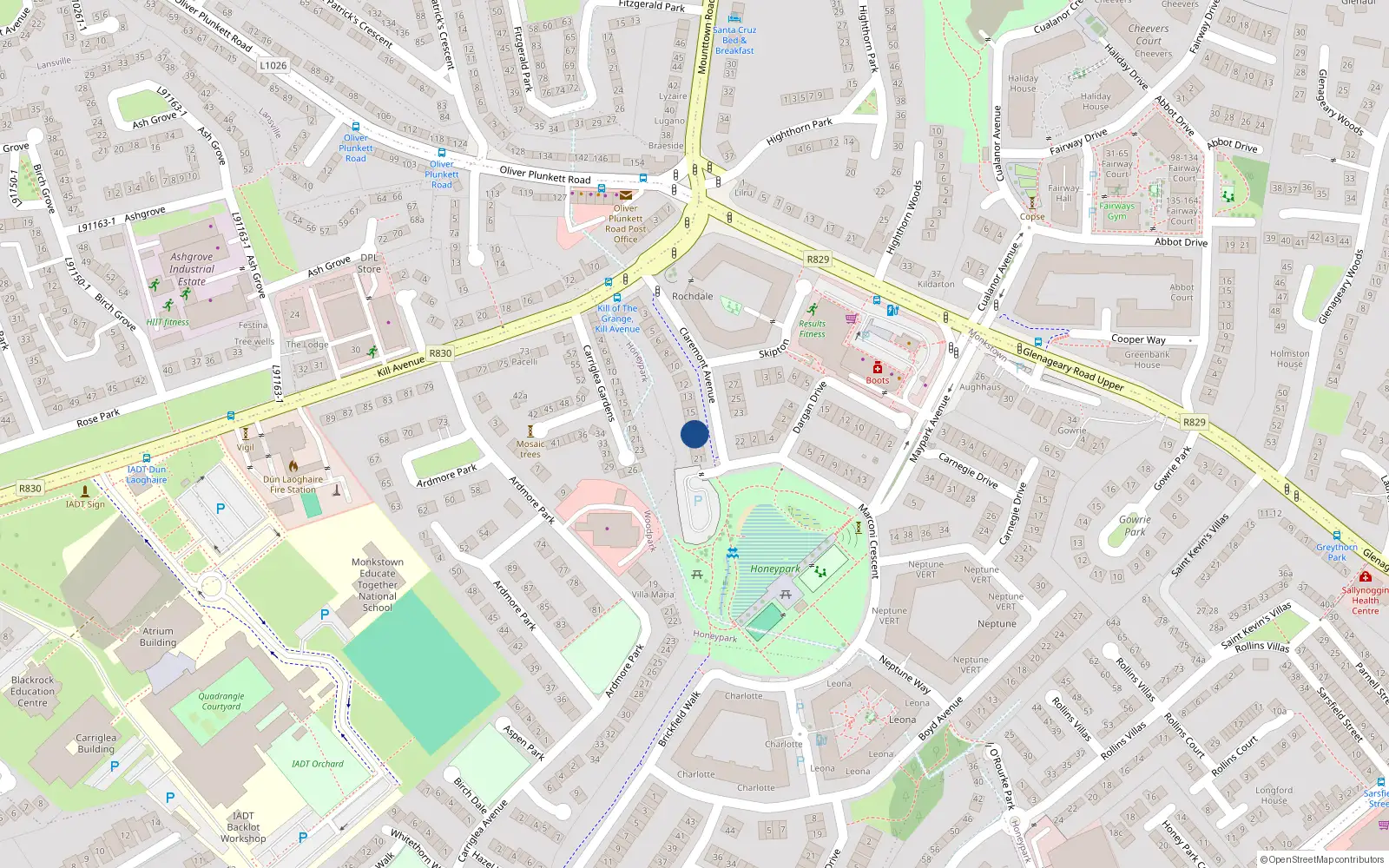 Overhead map showing the location of 18 Claremont Avenue, Dun Laoghaire