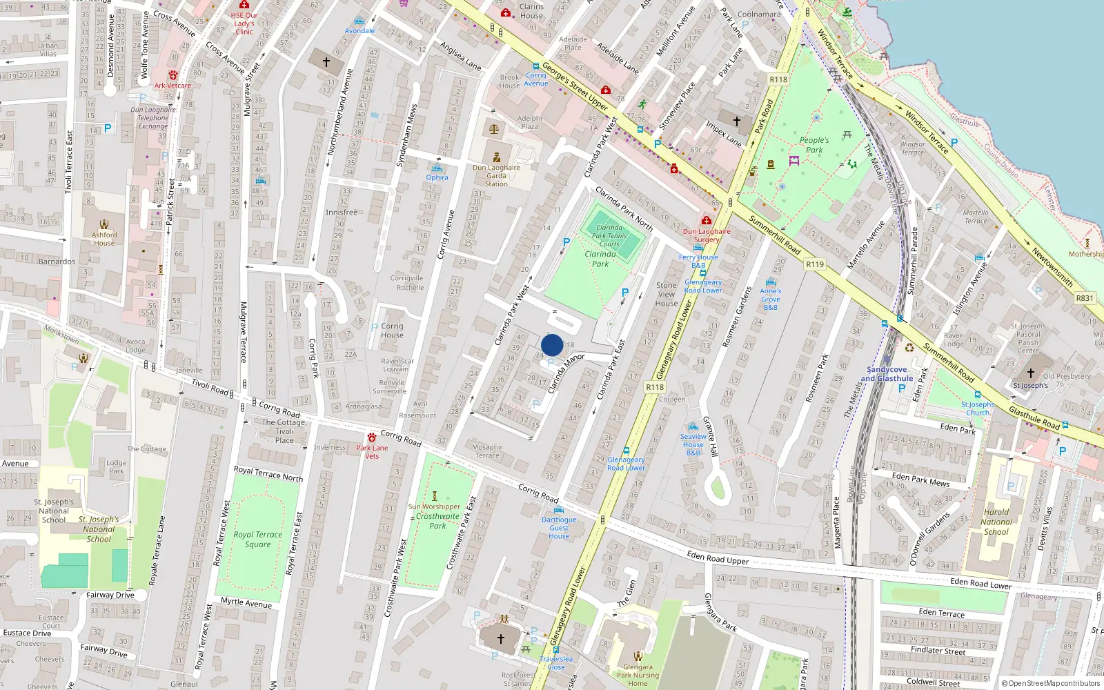 Overhead map showing the location of 18 Clarinda Park House, Clarinda Park West, Dun Laoghaire