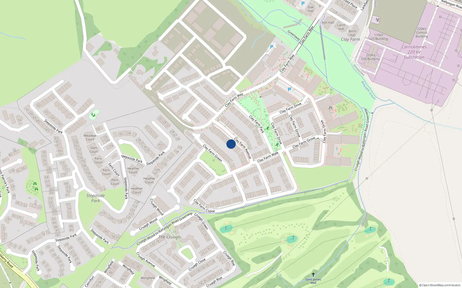 Overhead map showing the location of 18 Clay Farm Avenue, Kilgobbin
