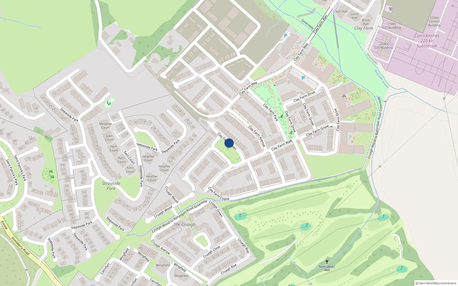 Overhead map showing the location of 18 Clay Farm Green, Kilgobbin