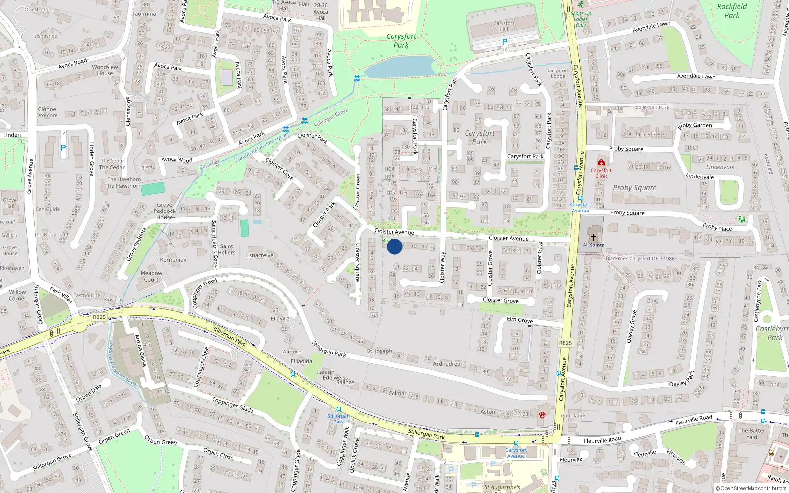 Overhead map showing the location of 18 Cloister Avenue, Blackrock, Dublin