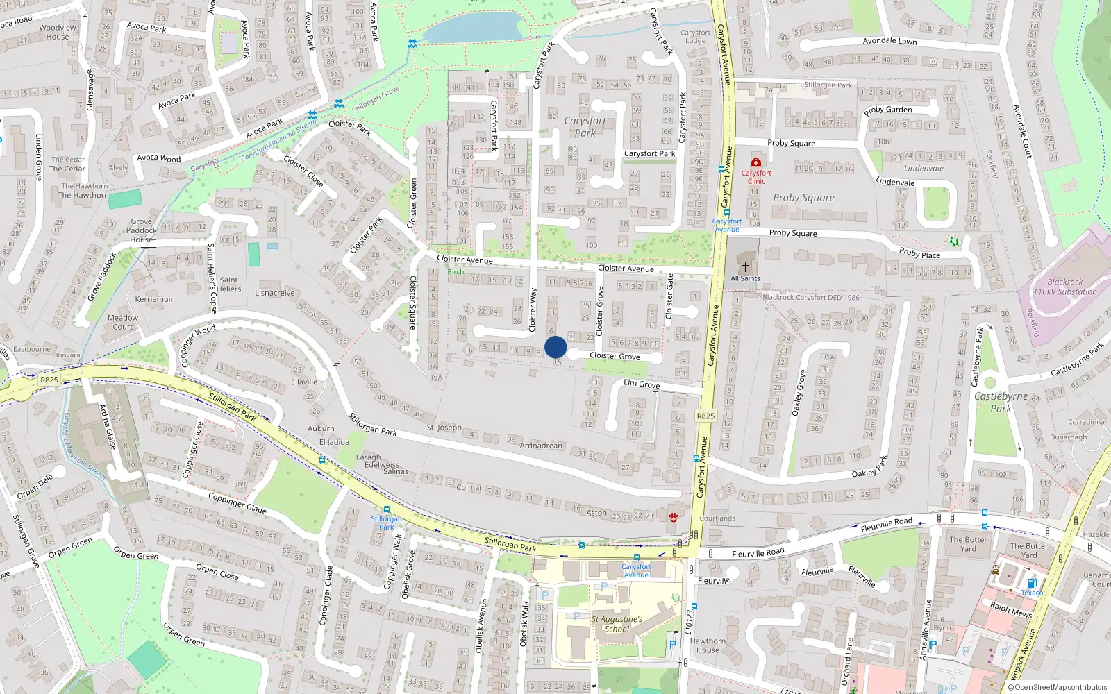 Overhead map showing the location of 18 Cloister Grove, Blackrock, Dublin