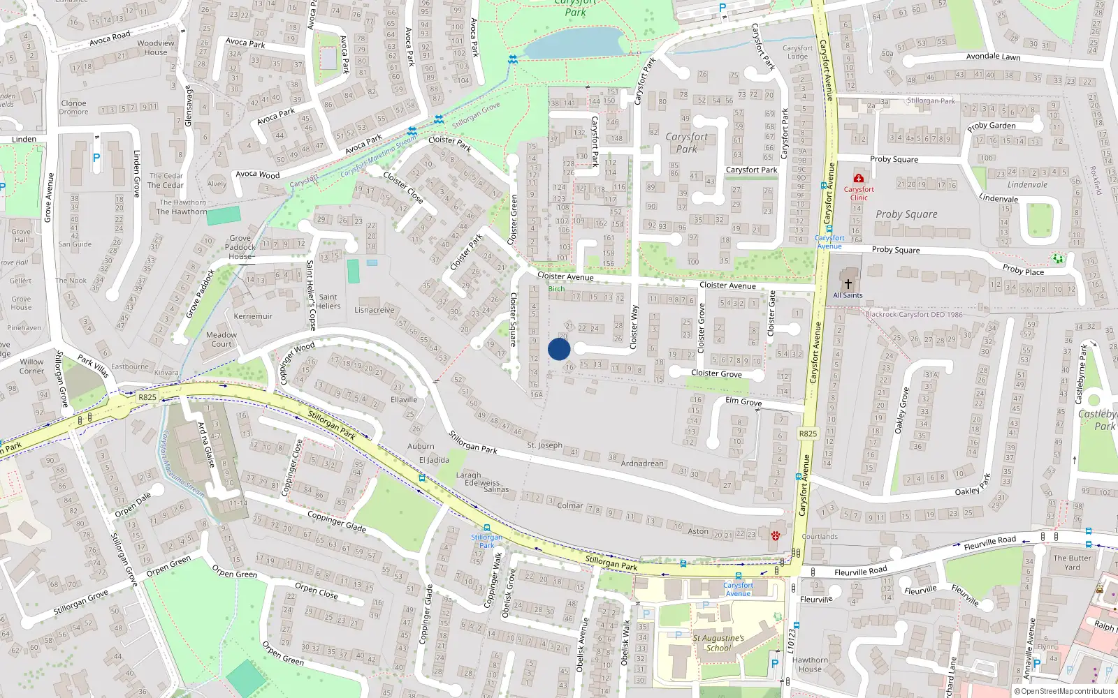 Overhead map showing the location of 18 Cloister Way, Blackrock