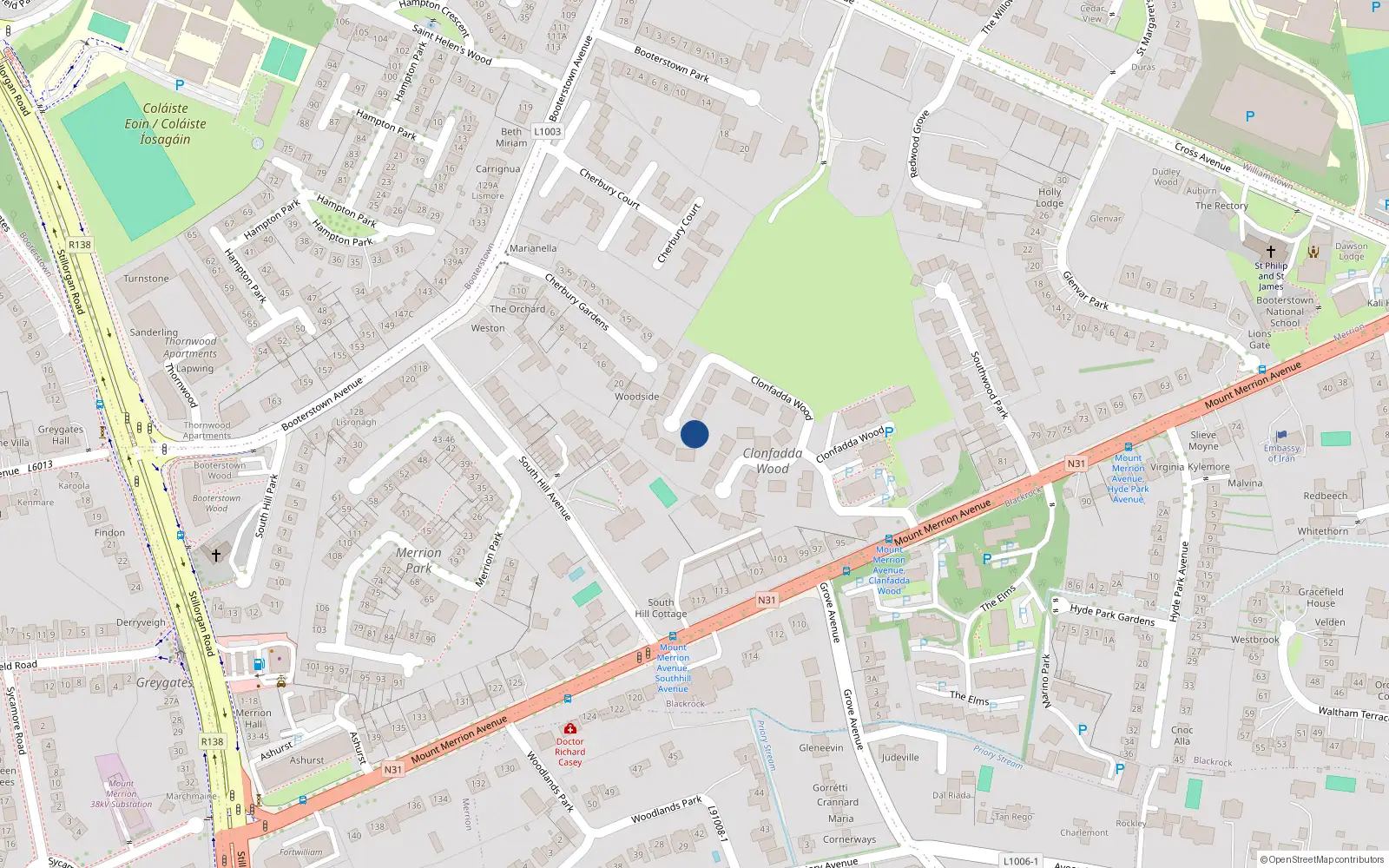 Overhead map showing the location of 18 Clonfadda Wood, Mount Merrion Avenue, Blackrock