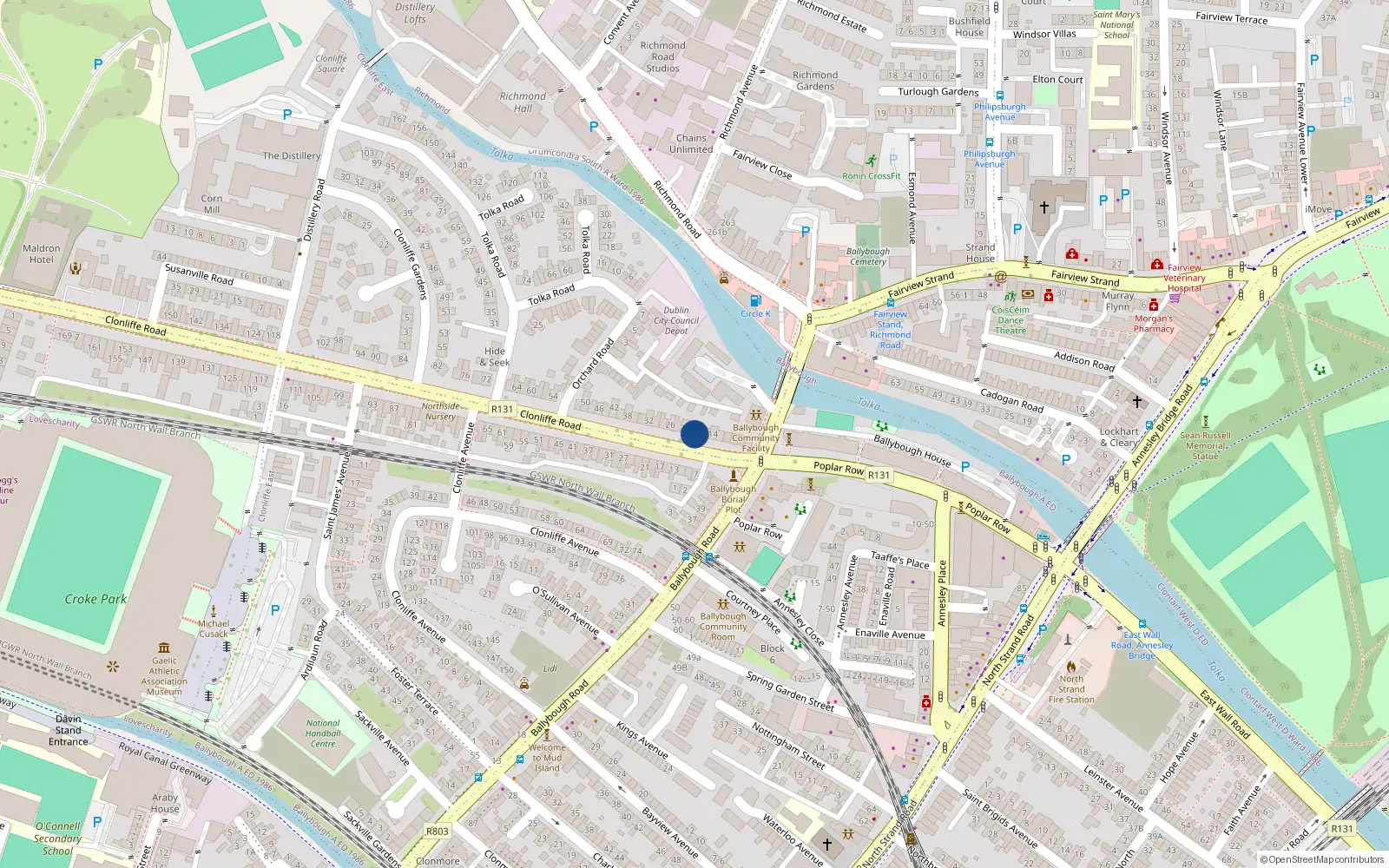 Overhead map showing the location of 18 Clonliffe Road, Dublin 3