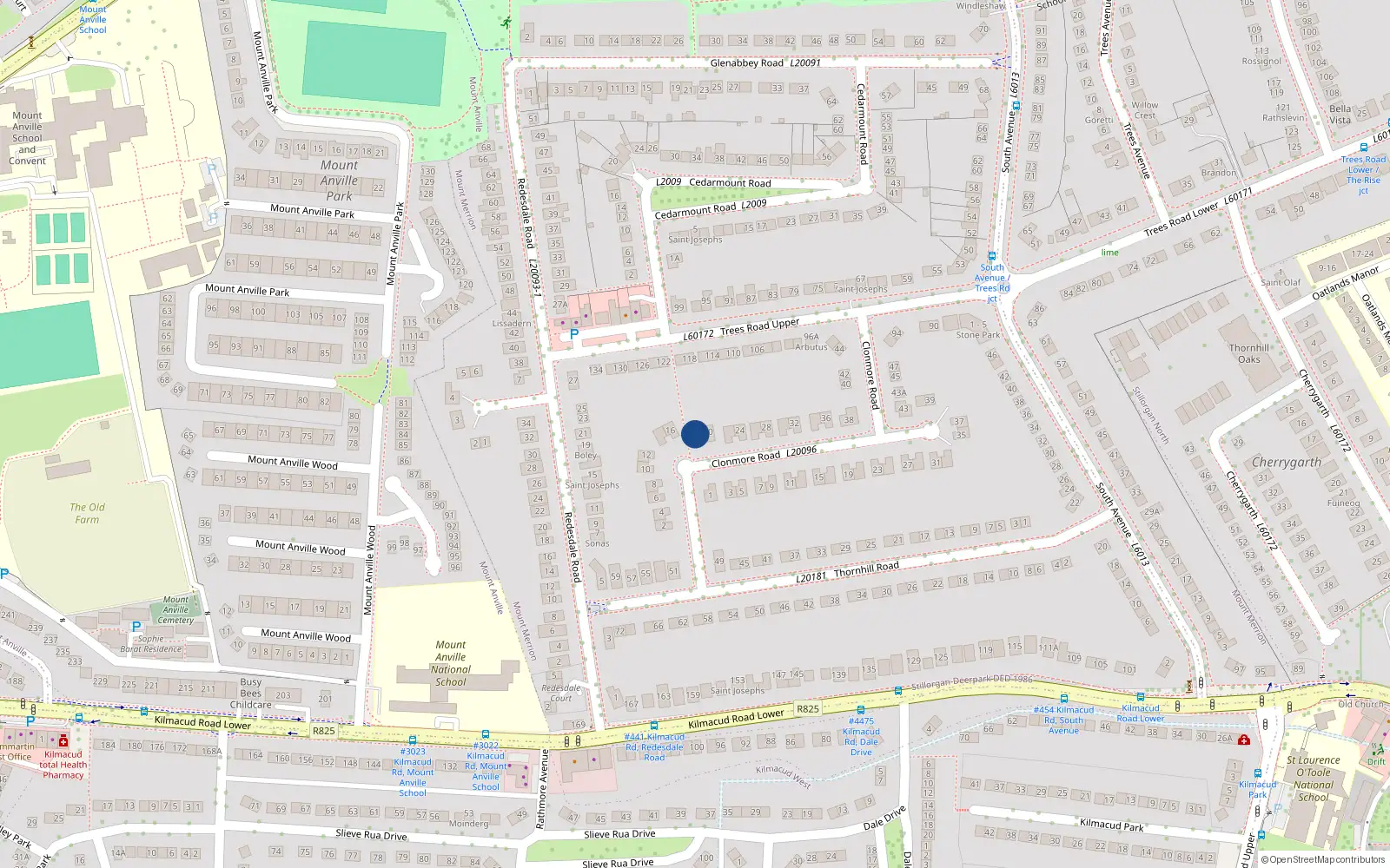 Overhead map showing the location of 18 Clonmore Road, Mount Merrion, Blackrock