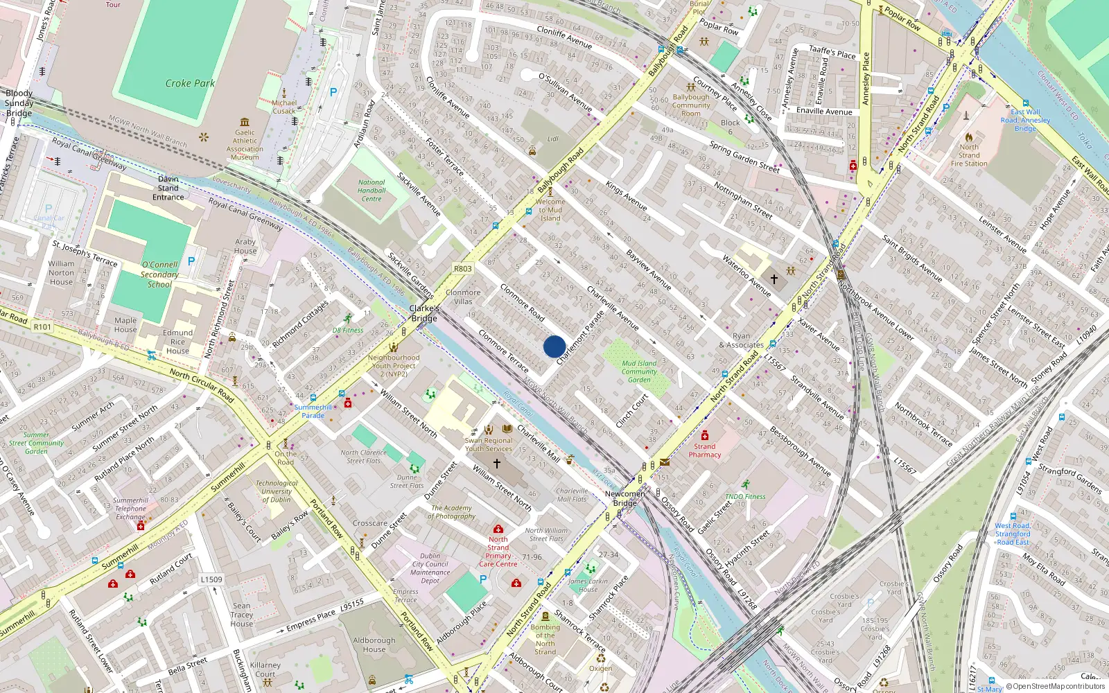 Overhead map showing the location of 18 Clonmore Road, Dublin 3