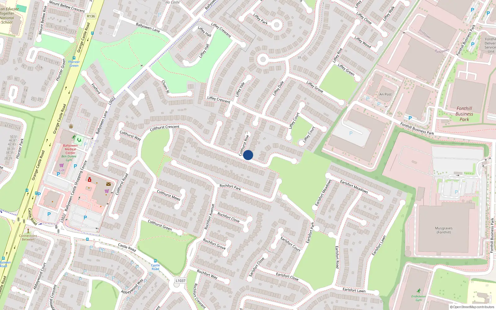 Overhead map showing the location of 18 Colthurst Rise, Lucan, Dublin