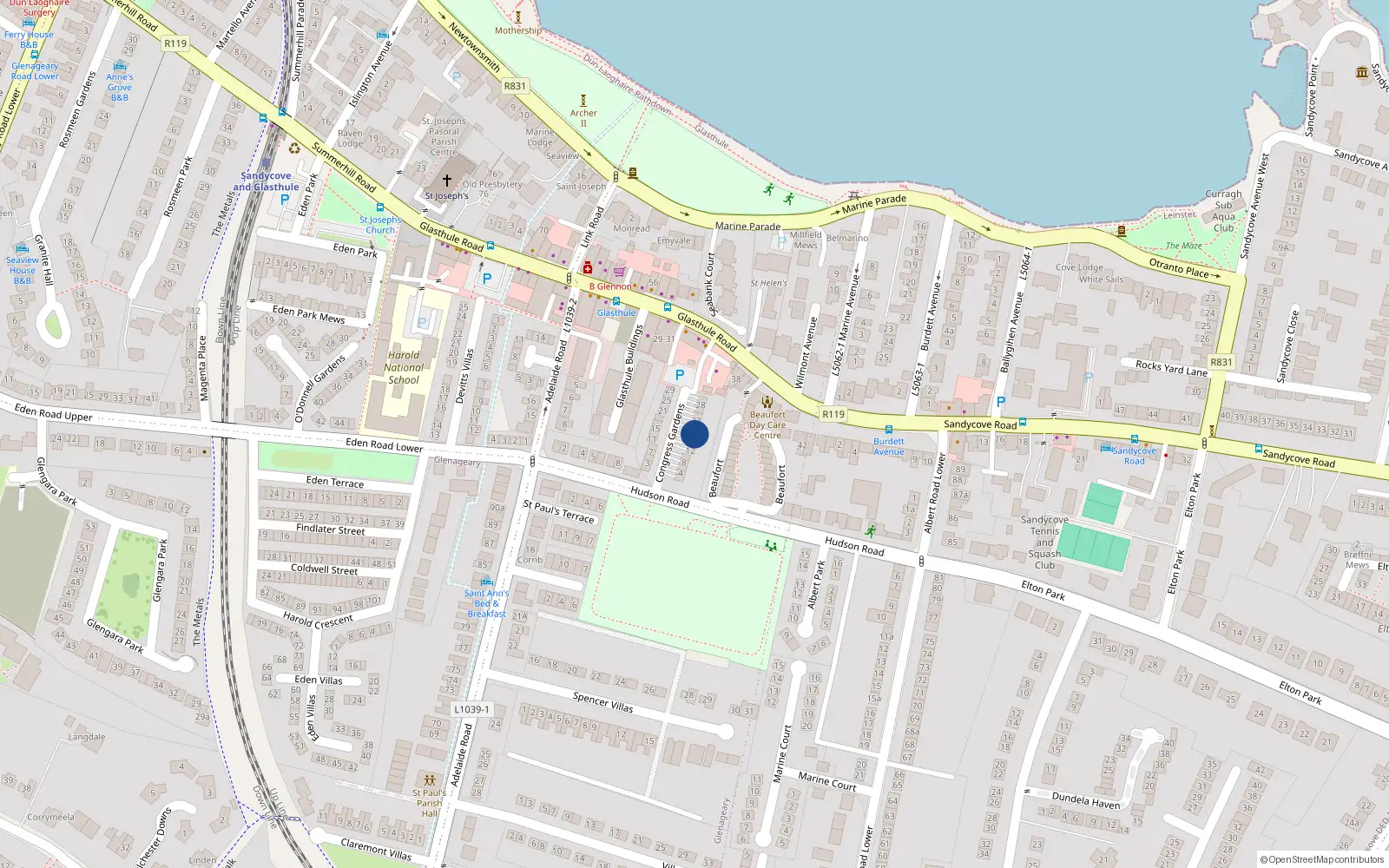 Overhead map showing the location of 18 Congress Gardens, Glasthule, Dun Laoghaire