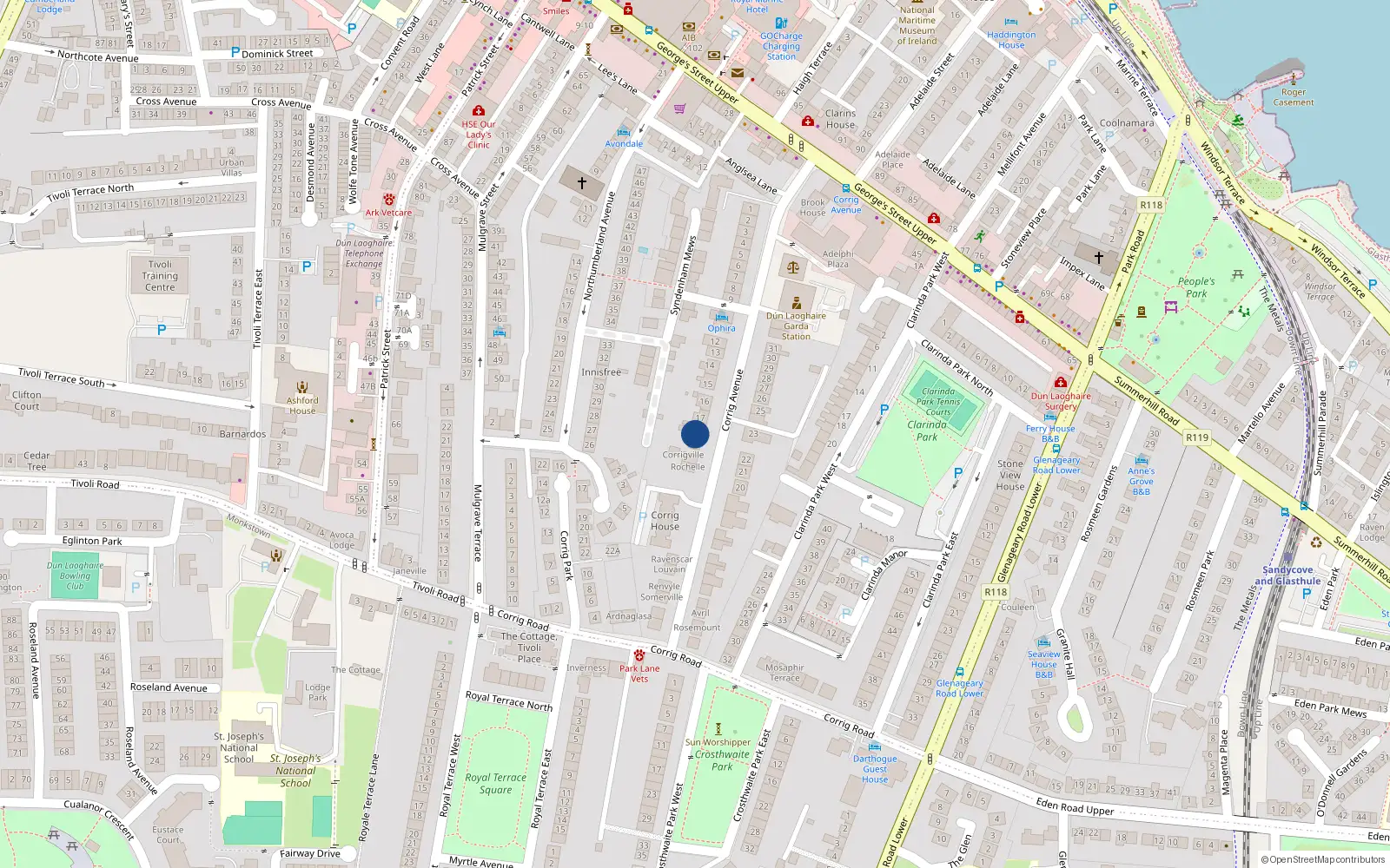 Overhead map showing the location of 18 Corrig Avenue, Dublin