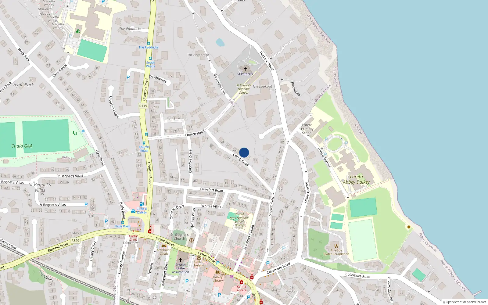Overhead map showing the location of 18 Corrig Road, Dalkey