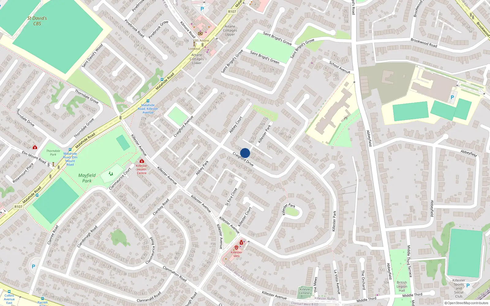 Overhead map showing the location of 18 Craigford Drive, Killester, Dublin 5