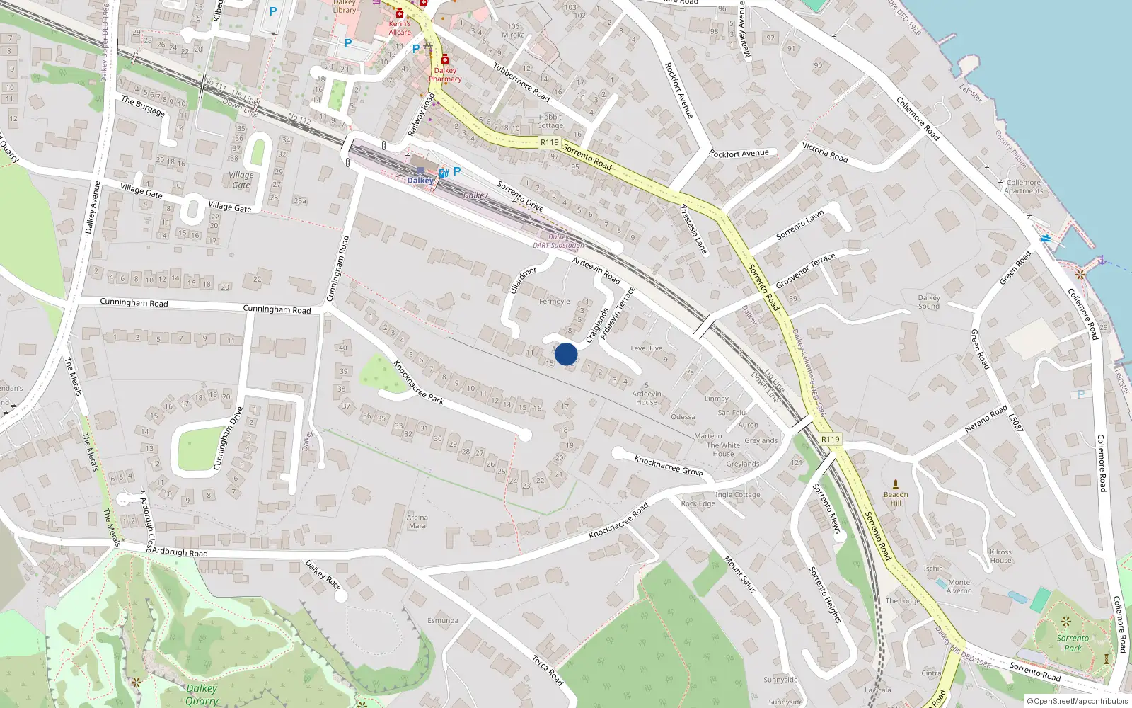 Overhead map showing the location of 18 Craiglands, Dalkey