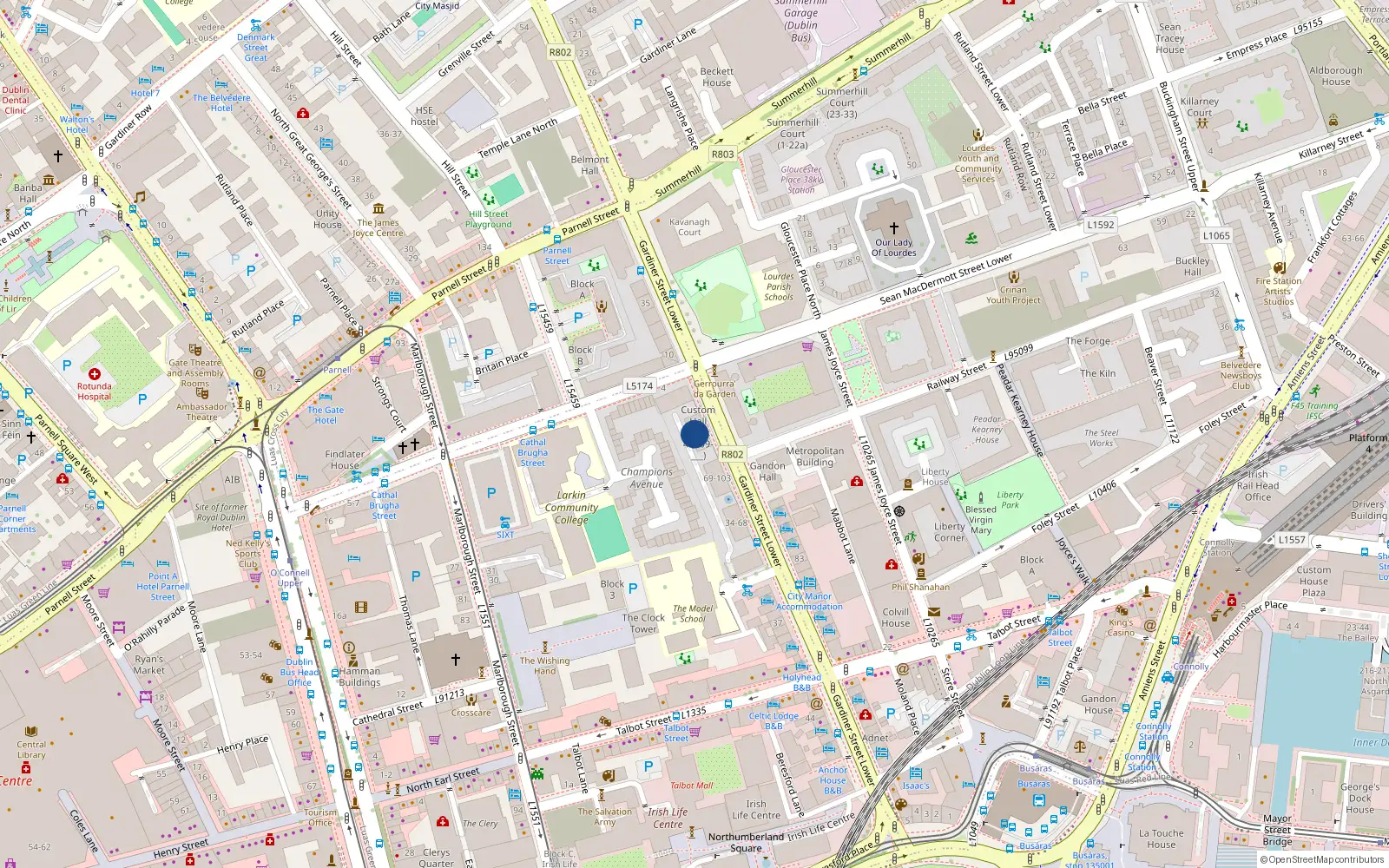 Overhead map showing the location of 18 Custom Hall, Gardiner Street Lower, Dublin 1