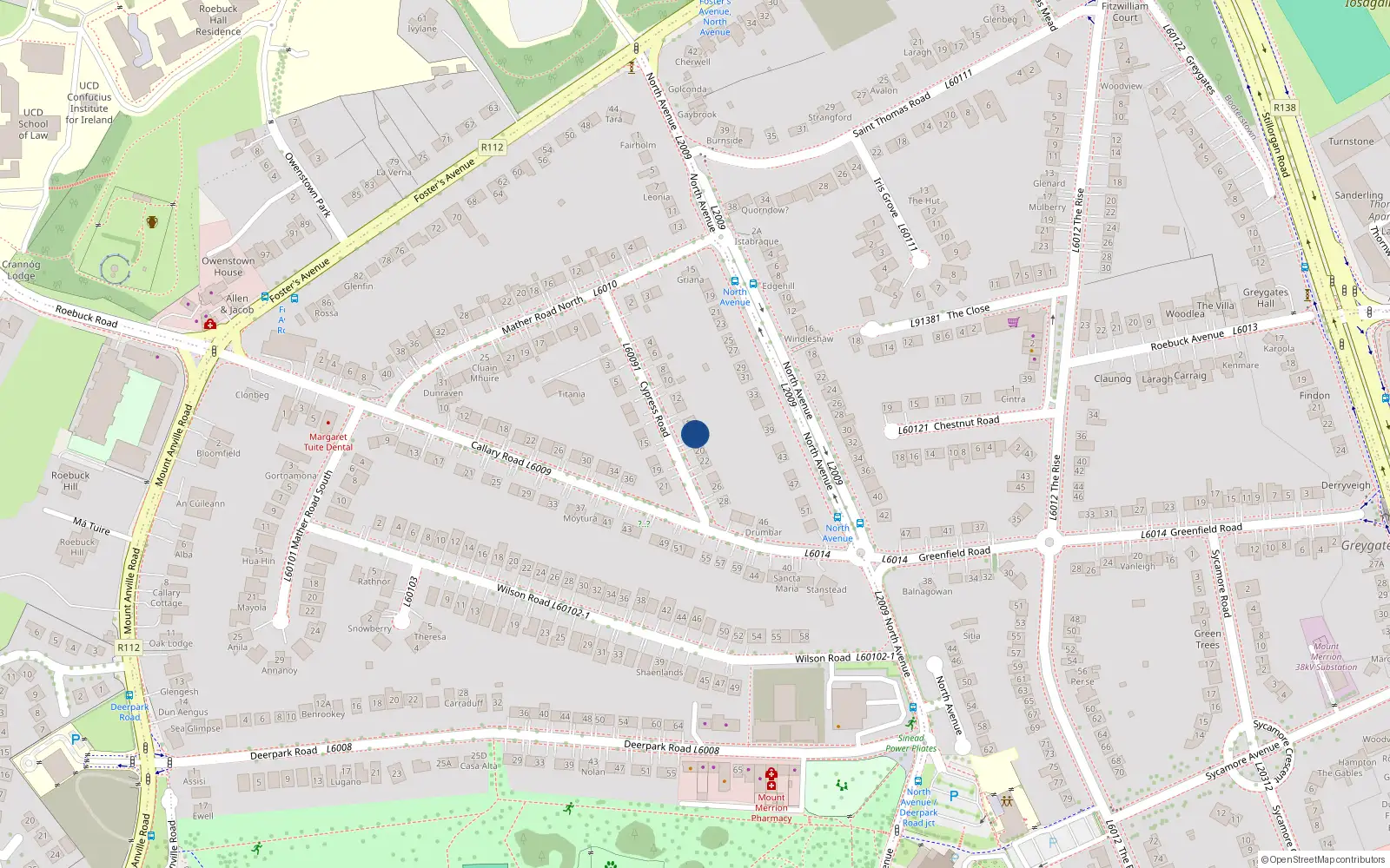 Overhead map showing the location of 18 Cypress Road, Blackrock