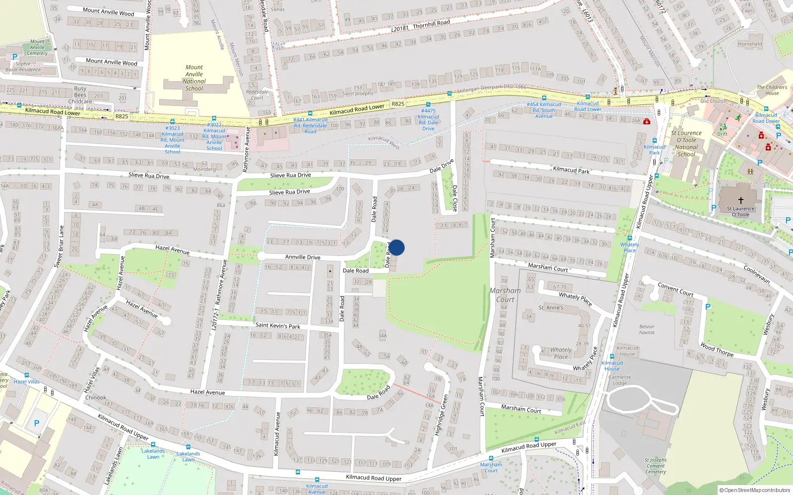 Overhead map showing the location of 18 Dale Road, Stillorgan, Dublin