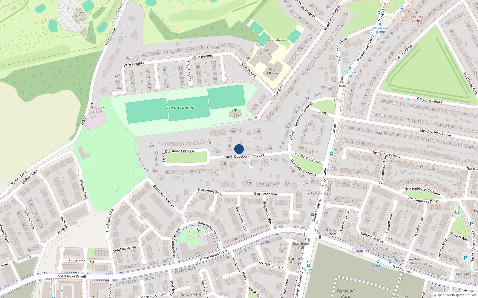 Overhead map showing the location of 18 Dodsboro Cottages, Lucan, Dublin