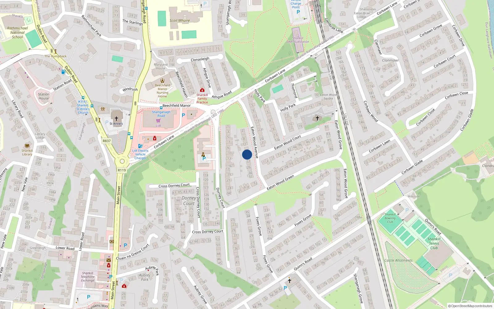 Overhead map showing the location of 18 Eaton Wood Avenue, Shankill