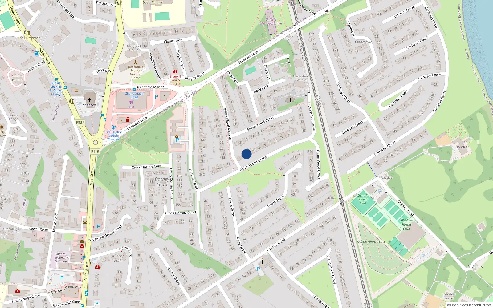 Overhead map showing the location of 18 Eaton Wood Green, Shankill