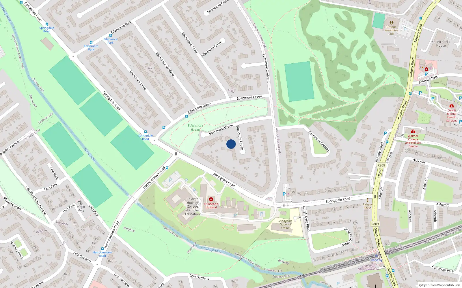 Overhead map showing the location of 18 Edenmore Green, Raheny, Dublin 5