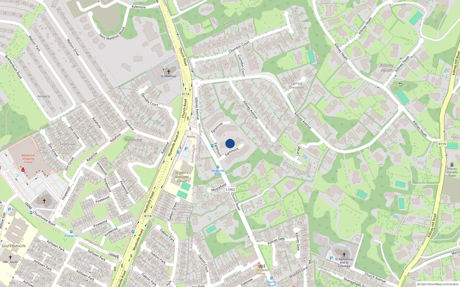 Overhead map showing the location of 18 Egremont, Church Road, Killiney