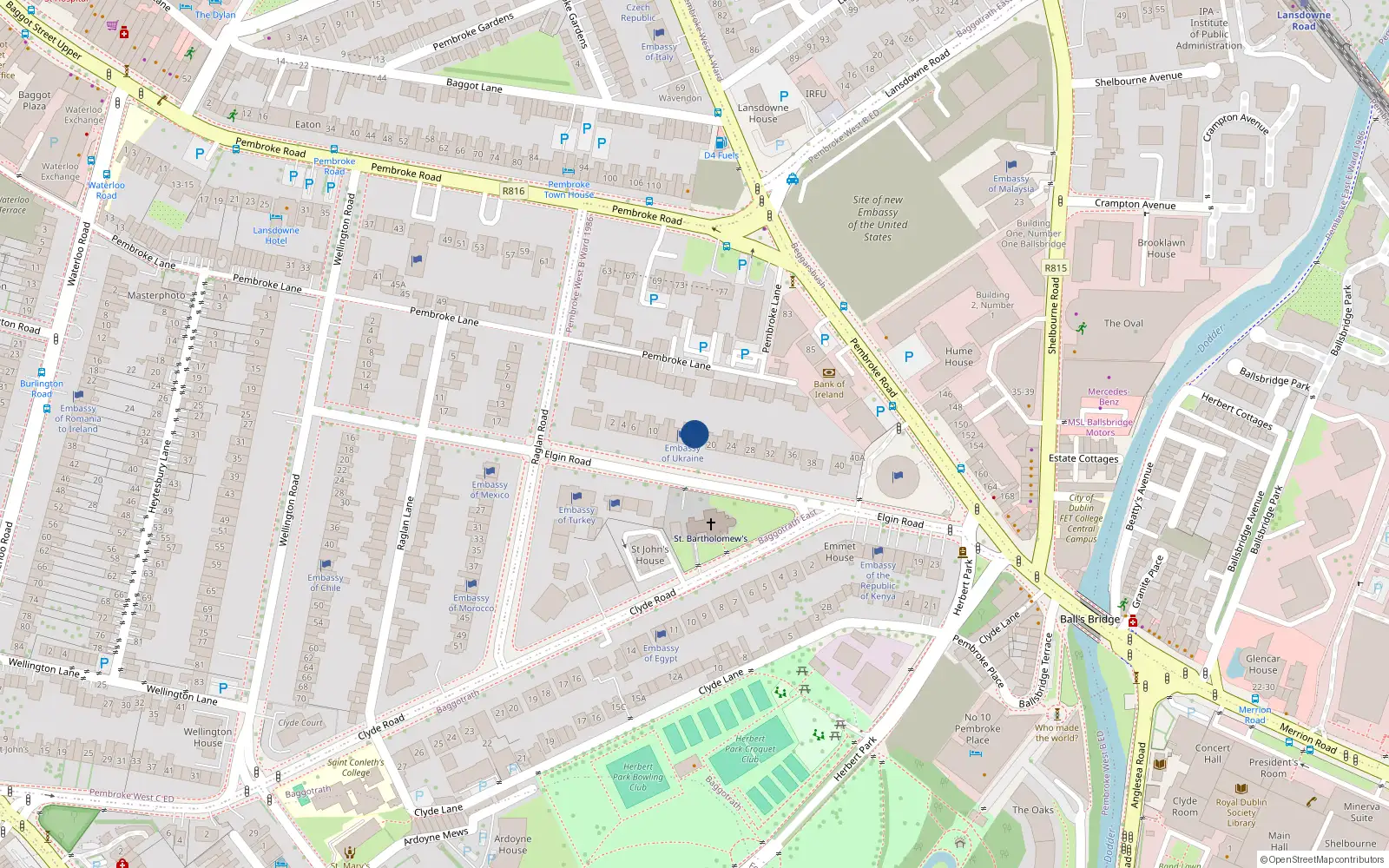 Overhead map showing the location of 18 Elgin Road, Dublin 4