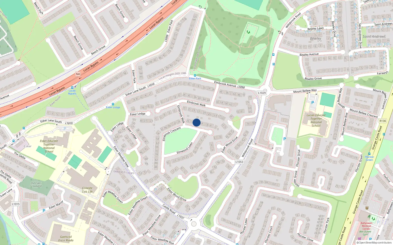 Overhead map showing the location of 18 Elmbrook Crescent, Esker Lane, Lucan