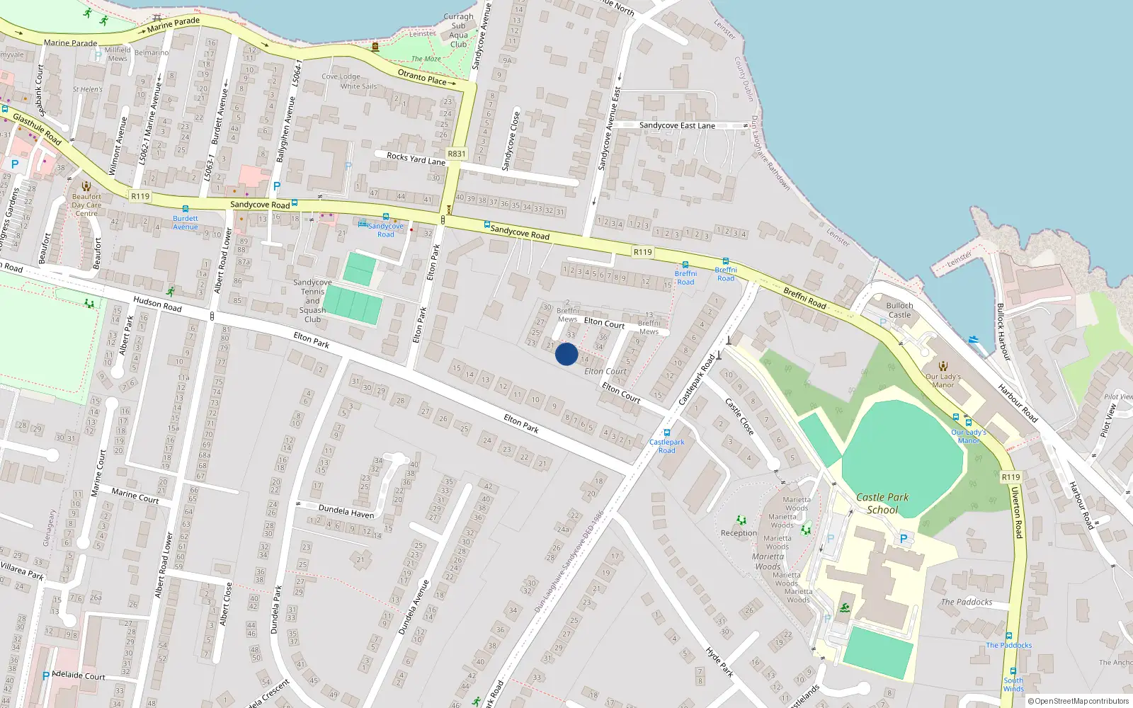Overhead map showing the location of 18 Elton Court, Sandycove, Co Dublin