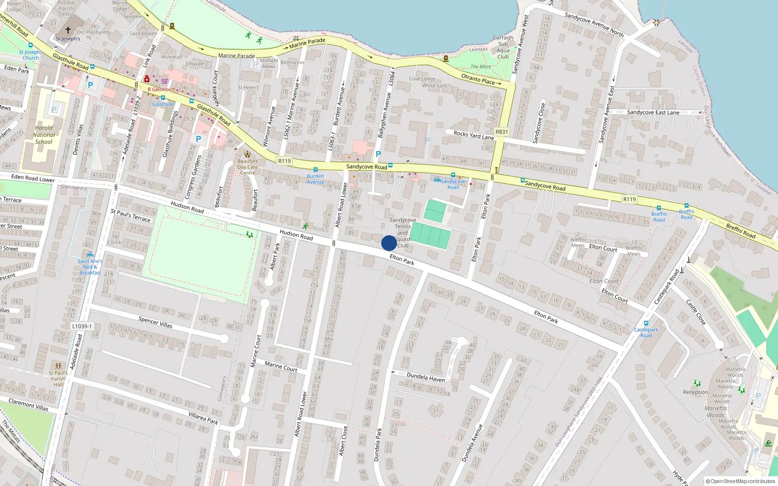 Overhead map showing the location of 18 Elton Park, Sandycove, Dublin