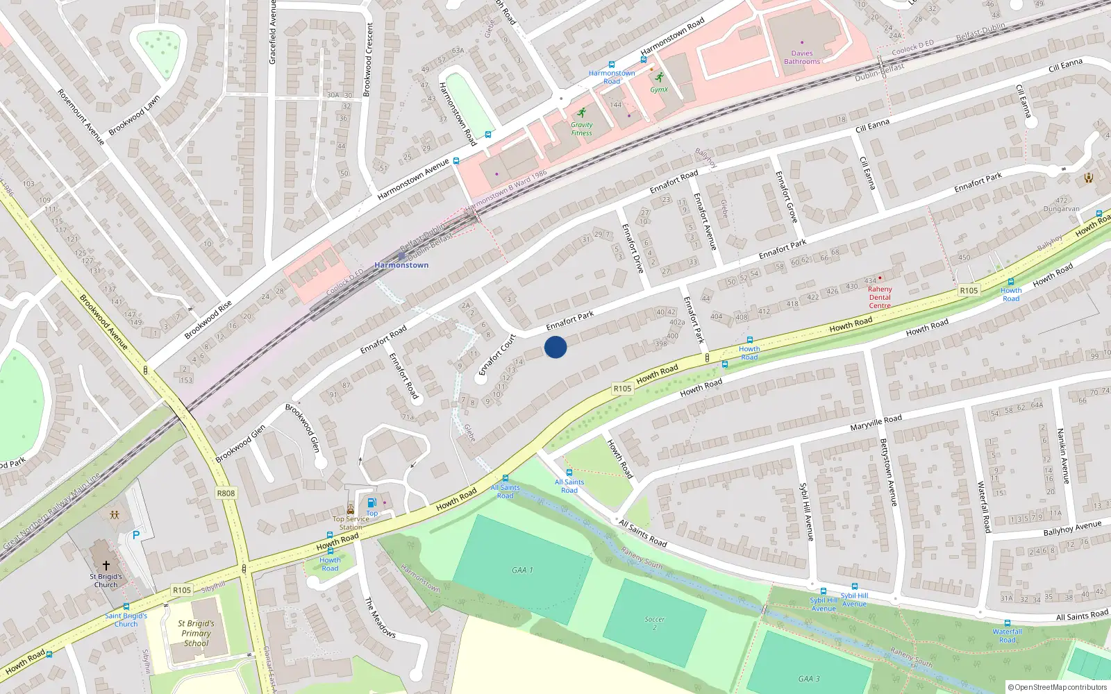 Overhead map showing the location of 18 Ennafort Park, Raheny, Dublin 5