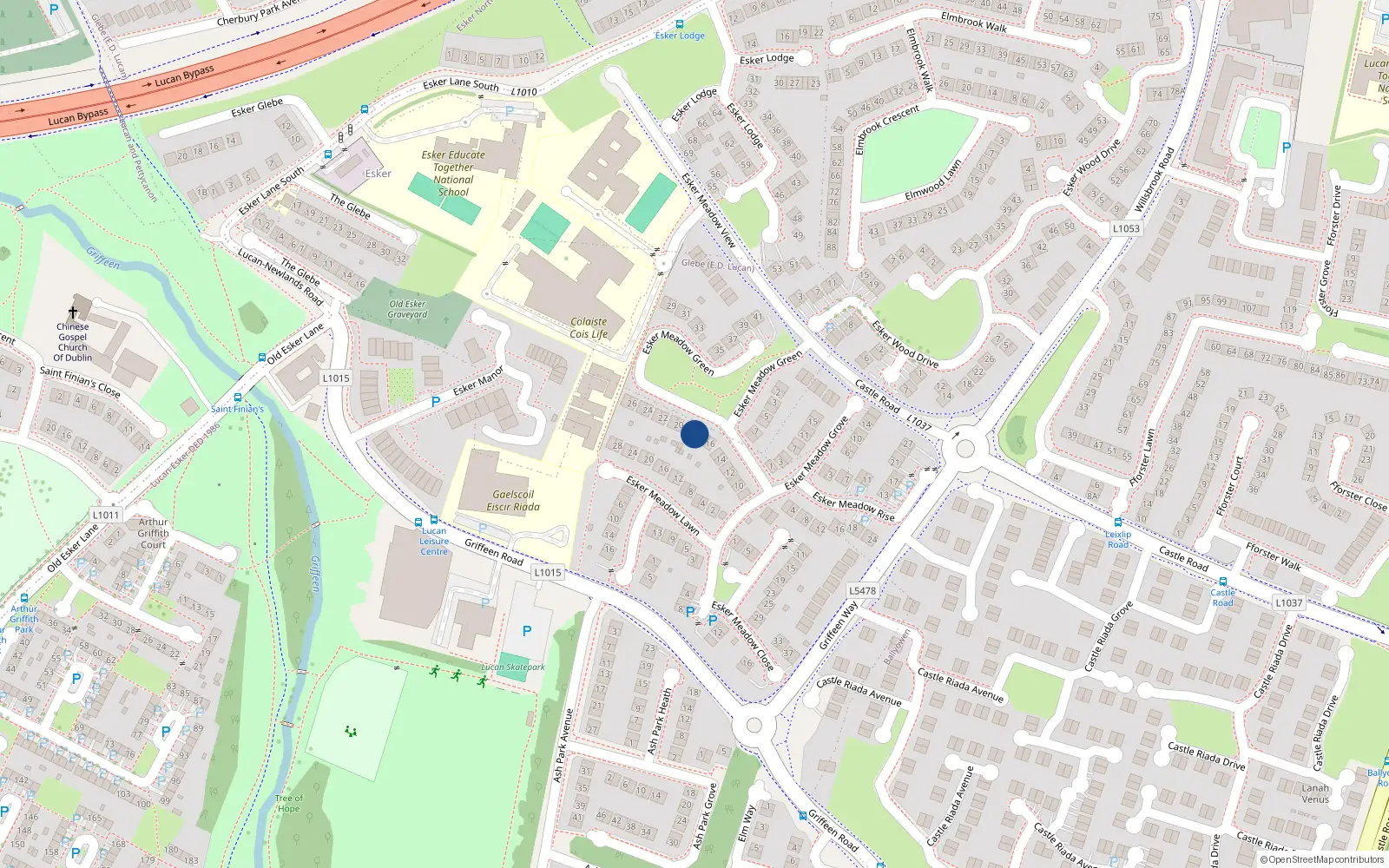 Overhead map showing the location of 18 Esker Meadow Green, Lucan