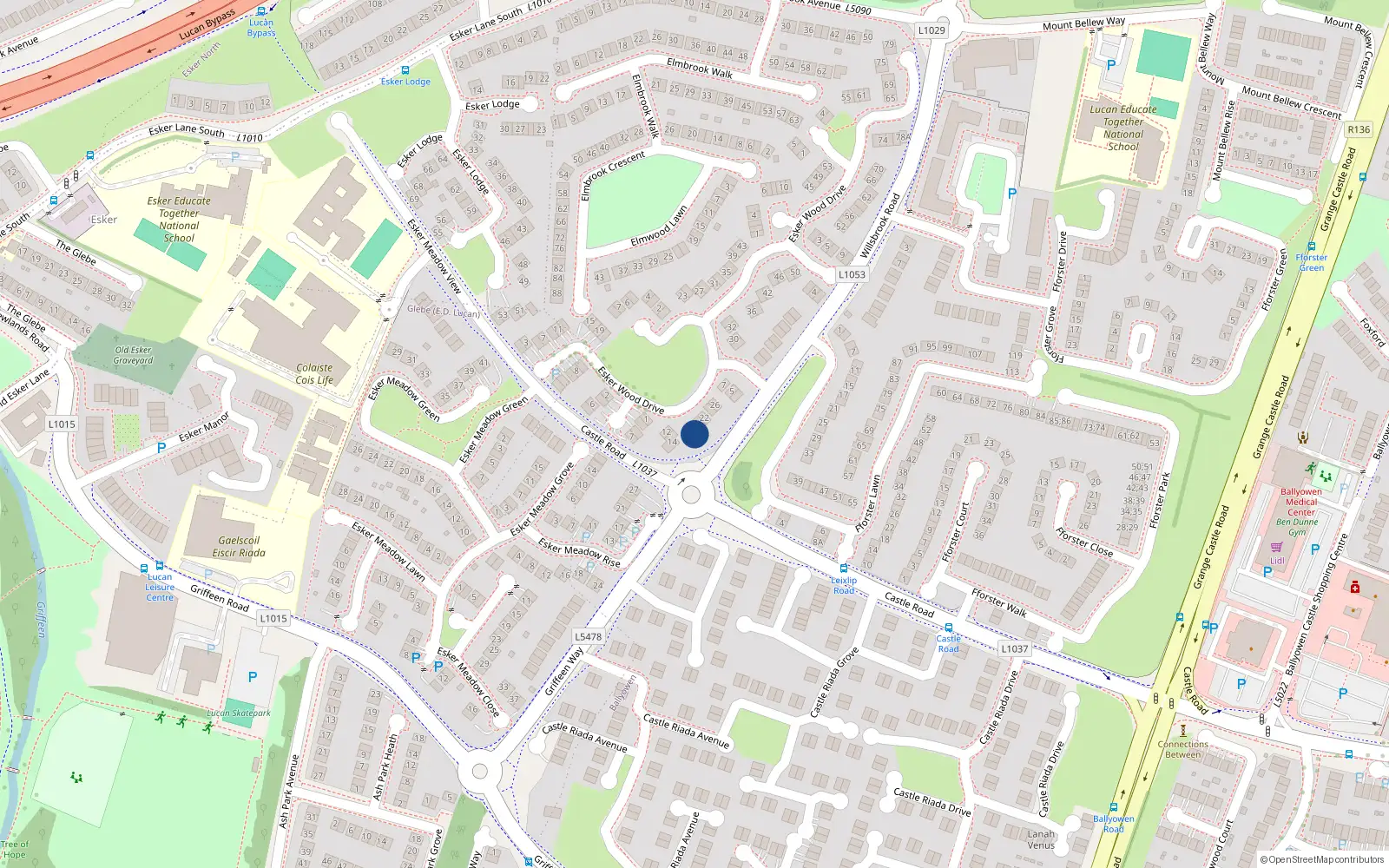 Overhead map showing the location of 18 Esker Wood Drive, Lucan