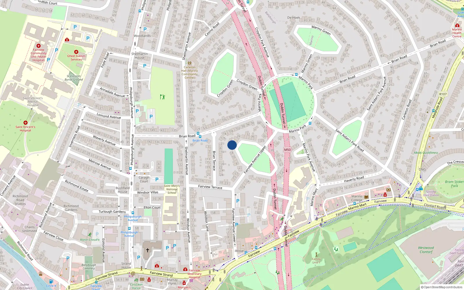 Overhead map showing the location of 18 Fairview Green, Fairview, Dublin 3