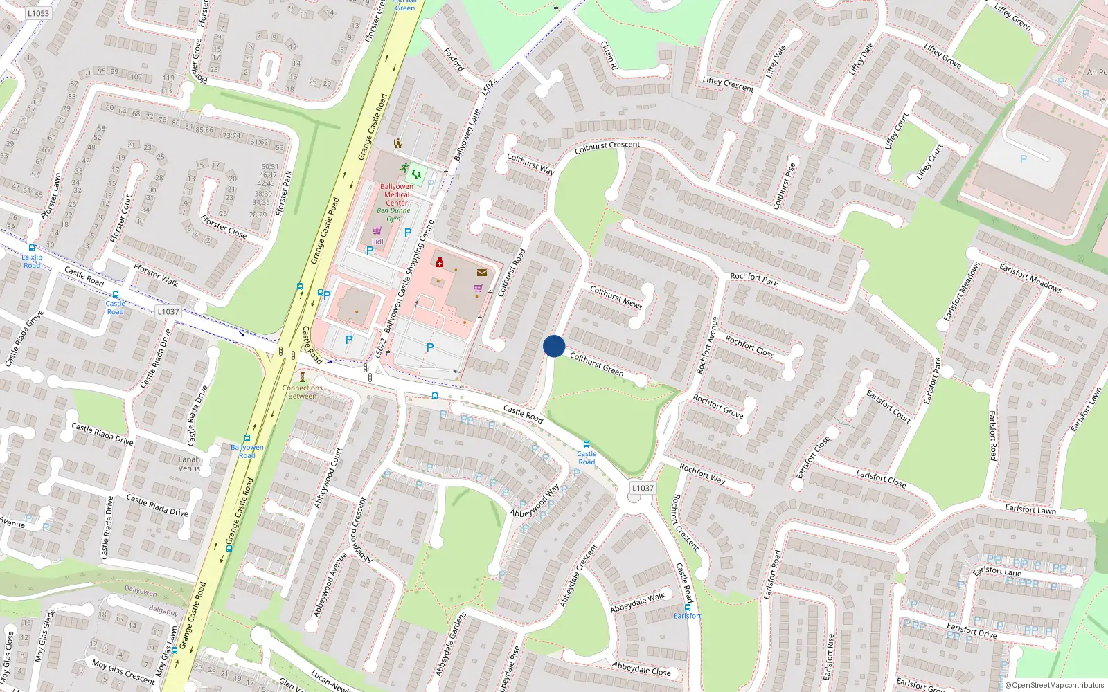 Overhead map showing the location of 18 Fenns Green, Lucan, Dublin