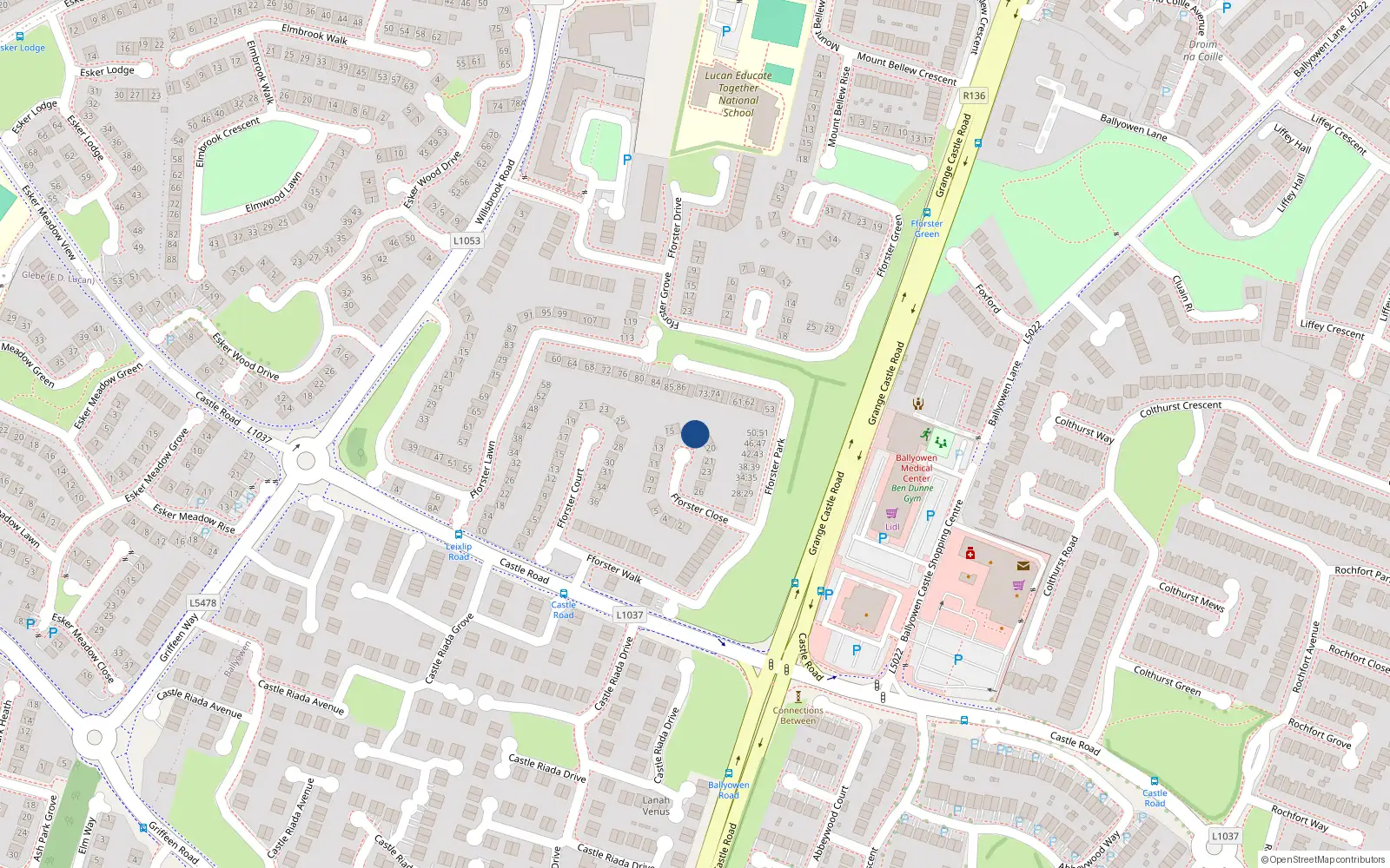 Overhead map showing the location of 18 Fforster Close, Lucan