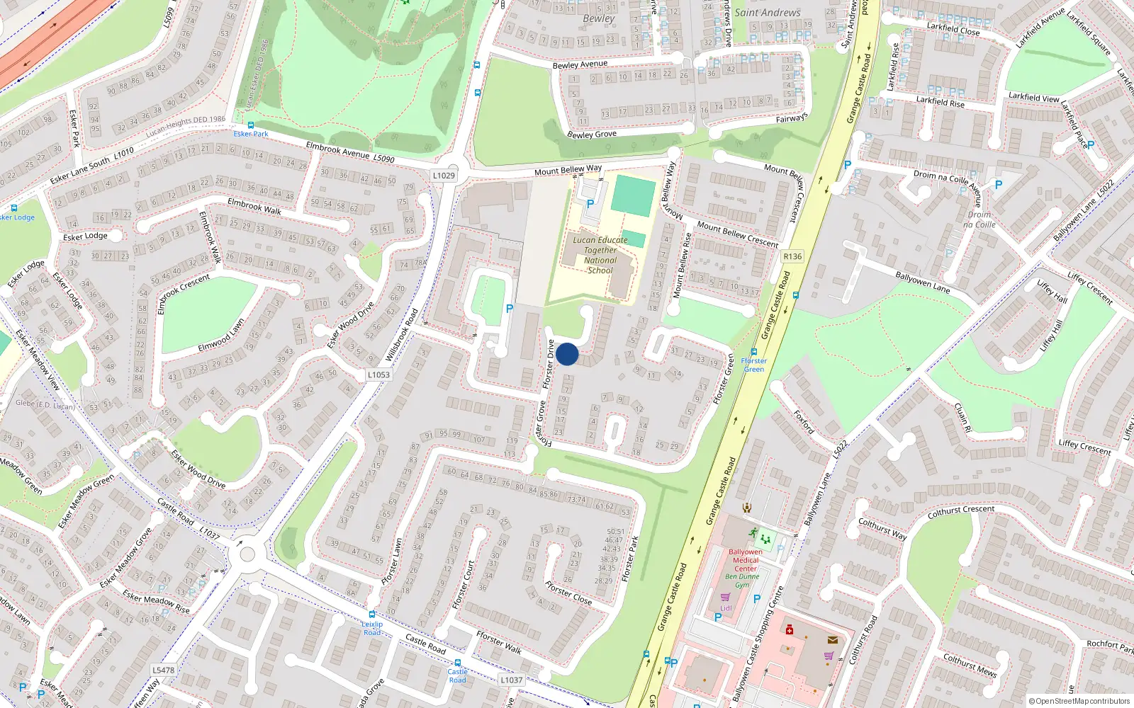 Overhead map showing the location of 18 Fforster Crescent, Lucan