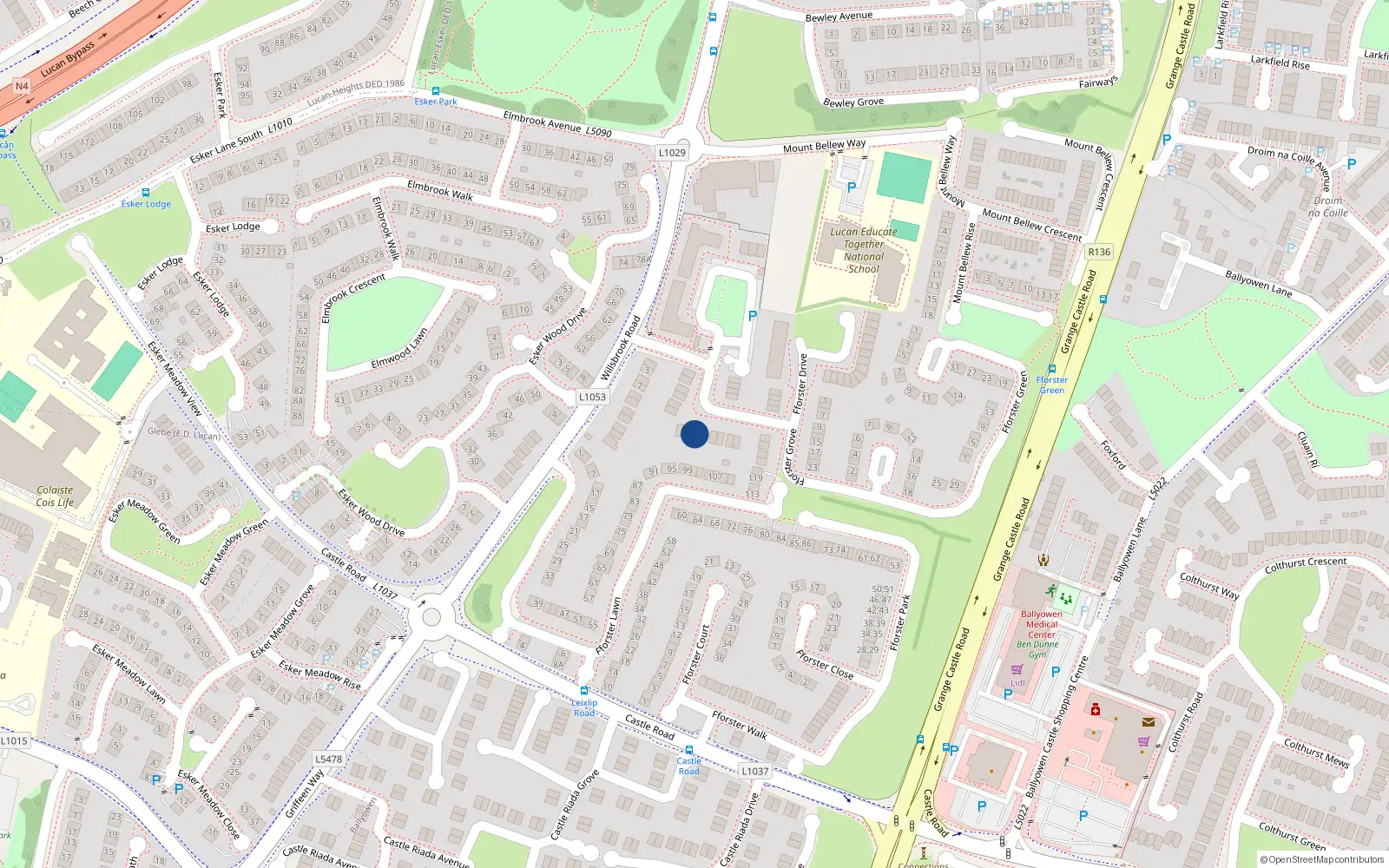 Overhead map showing the location of 18 Fforster Grove, Lucan