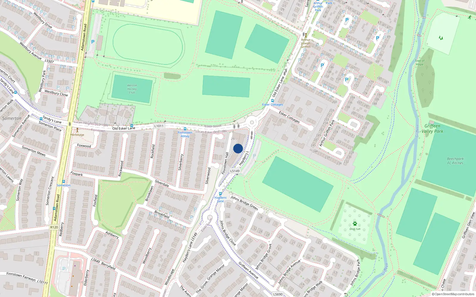 Overhead map showing the location of 18 Finnstown Hall, Haydens Lane, Lucan