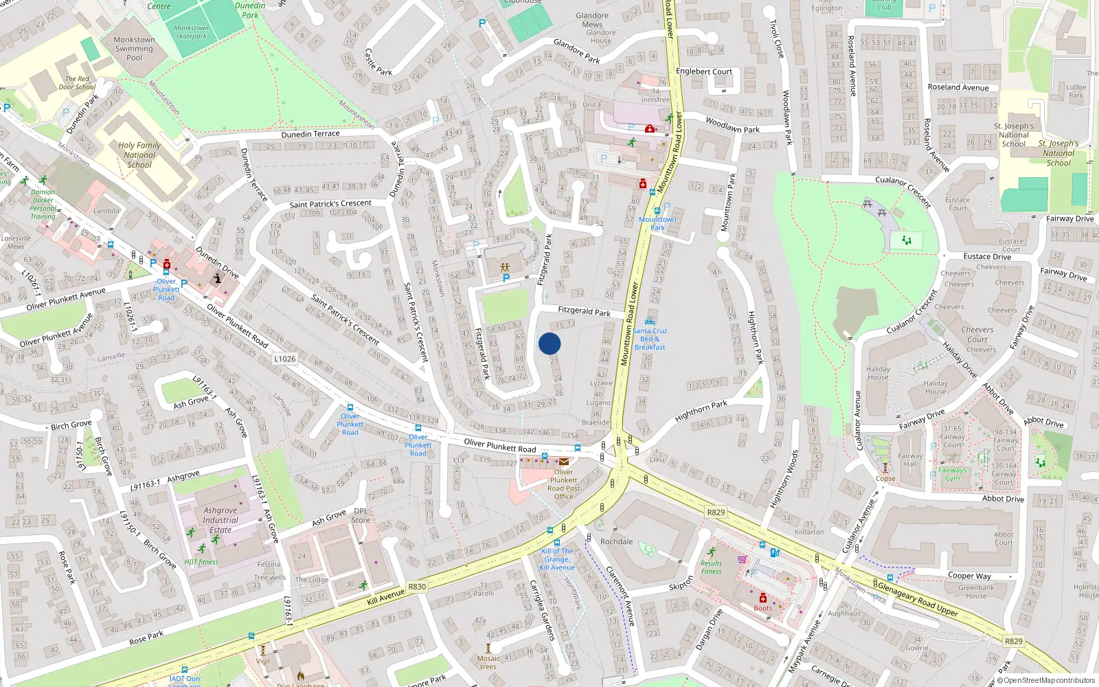 Overhead map showing the location of 18 Fitzgerald Park, Dun Laoghaire, Dublin