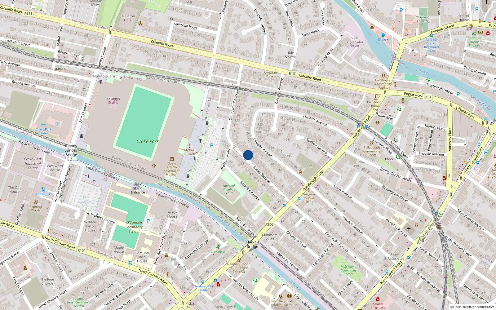 Overhead map showing the location of 18 Foster Terrace, Dublin 3, Dublin