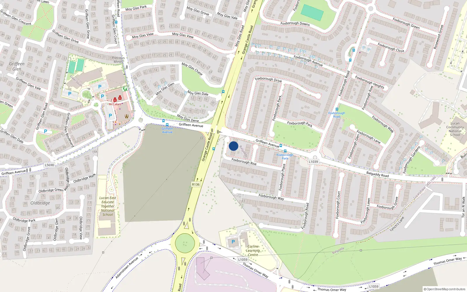 Overhead map showing the location of 18 Foxborough Rise, Lucan