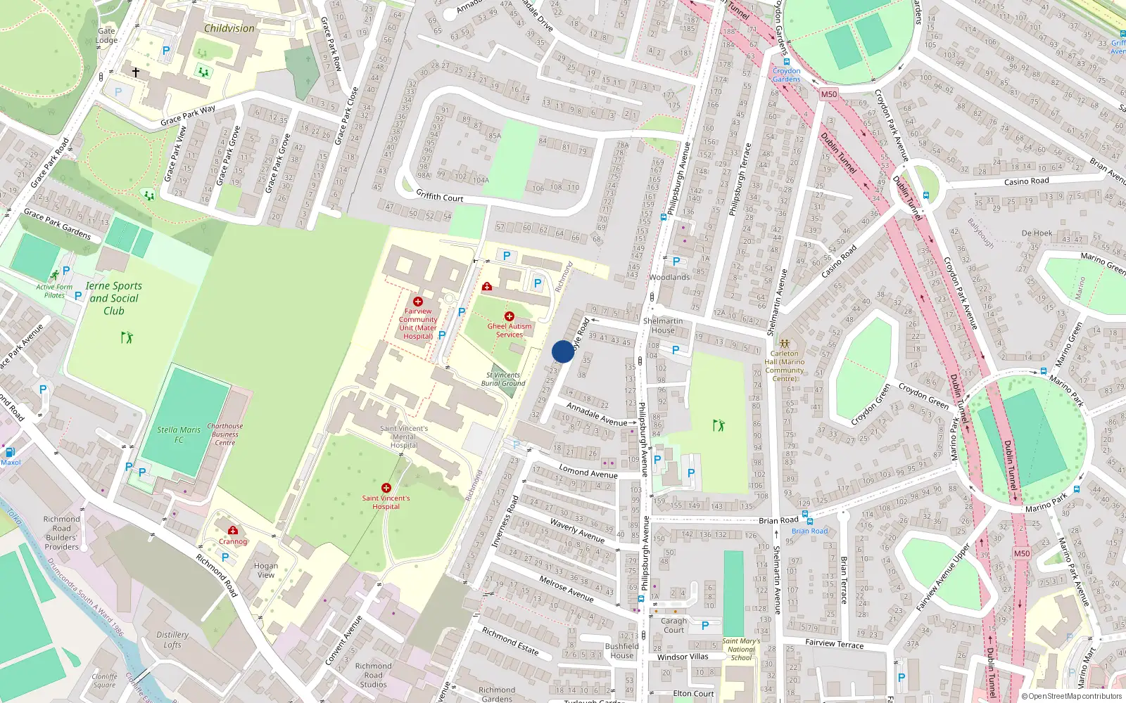 Overhead map showing the location of 18 Foyle Road, Fairview, Dublin 3