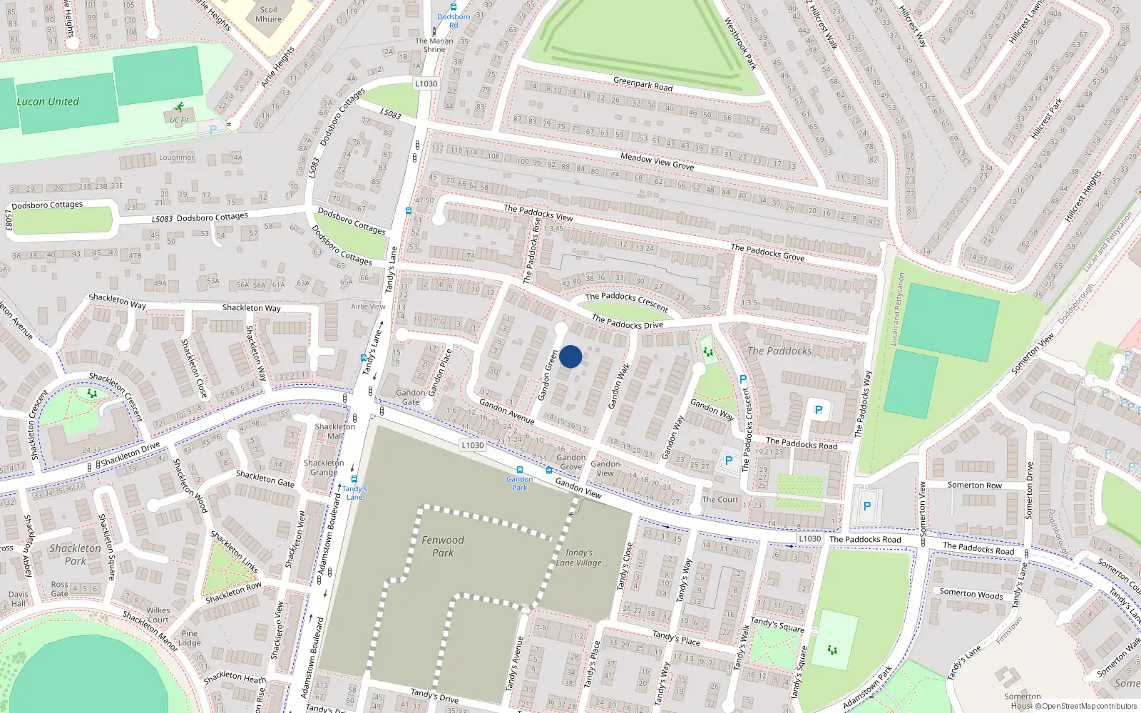 Overhead map showing the location of 18 Gandon Green, Lucan
