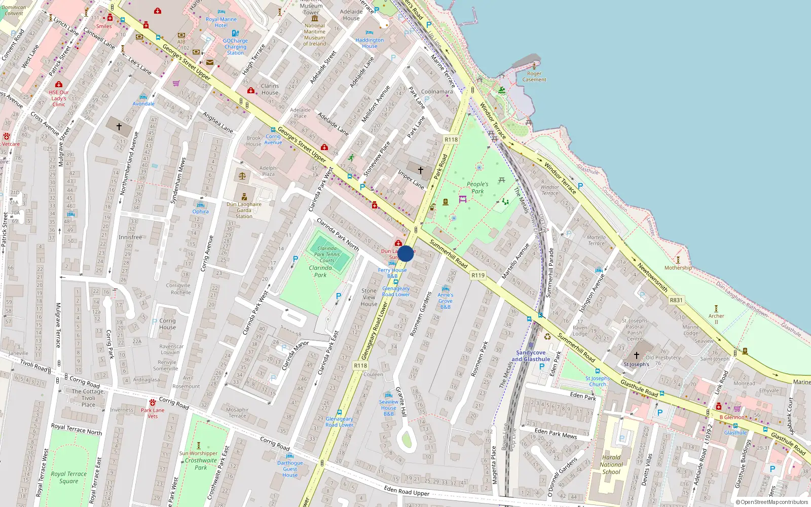 Overhead map showing the location of 18 Glenageary Road Lower, Glasthule