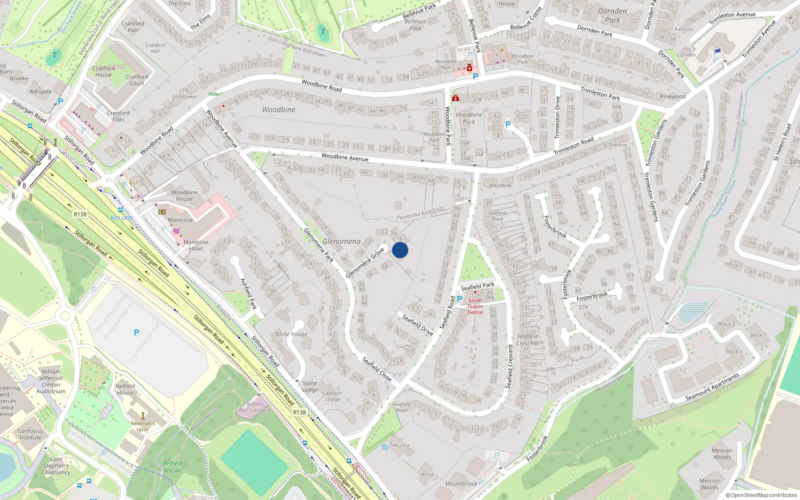 Overhead map showing the location of 18 Glenomena Grove, Blackrock, Dublin