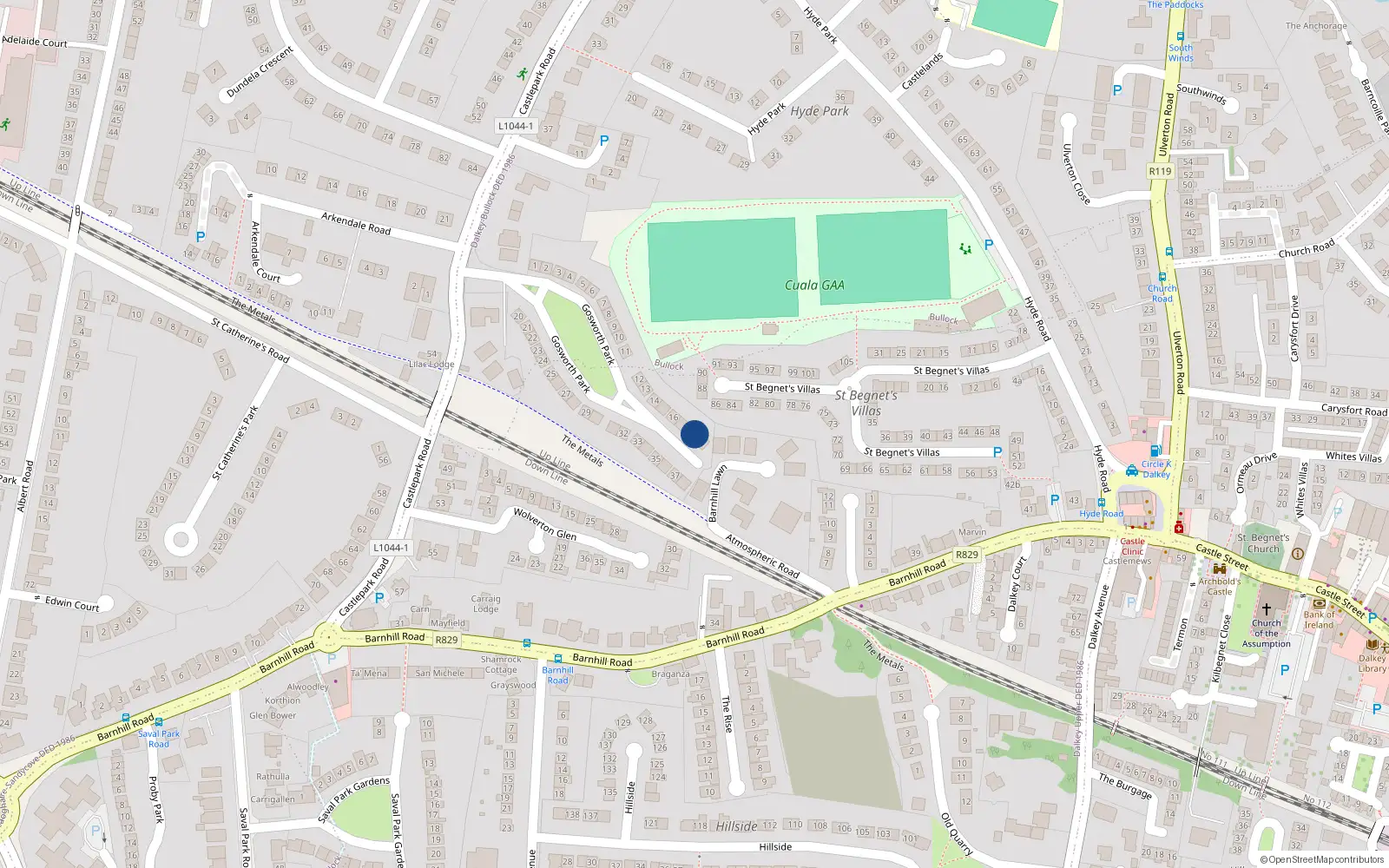 Overhead map showing the location of 18 Gosworth Park, Sandycove