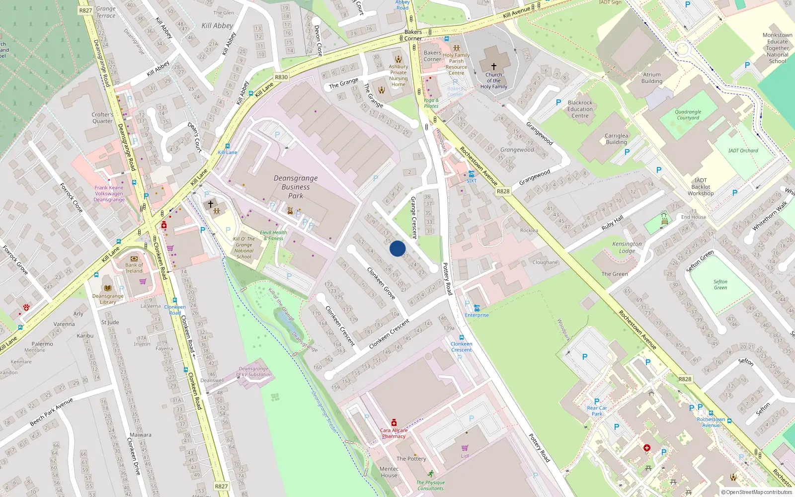 Overhead map showing the location of 18 Grange Crescent, Dun Laoghaire