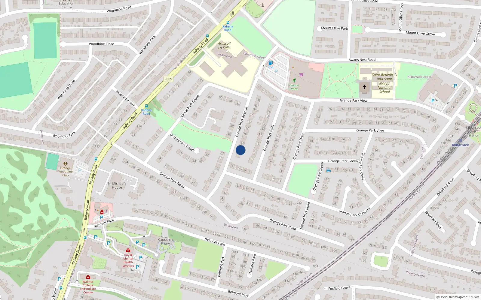 Overhead map showing the location of 18 Grange Park Avenue, Raheny, Dublin 5