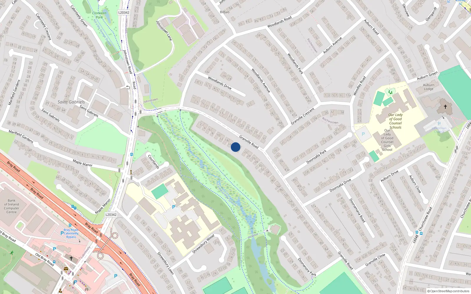 Overhead map showing the location of 18 Granville Road, Dublin