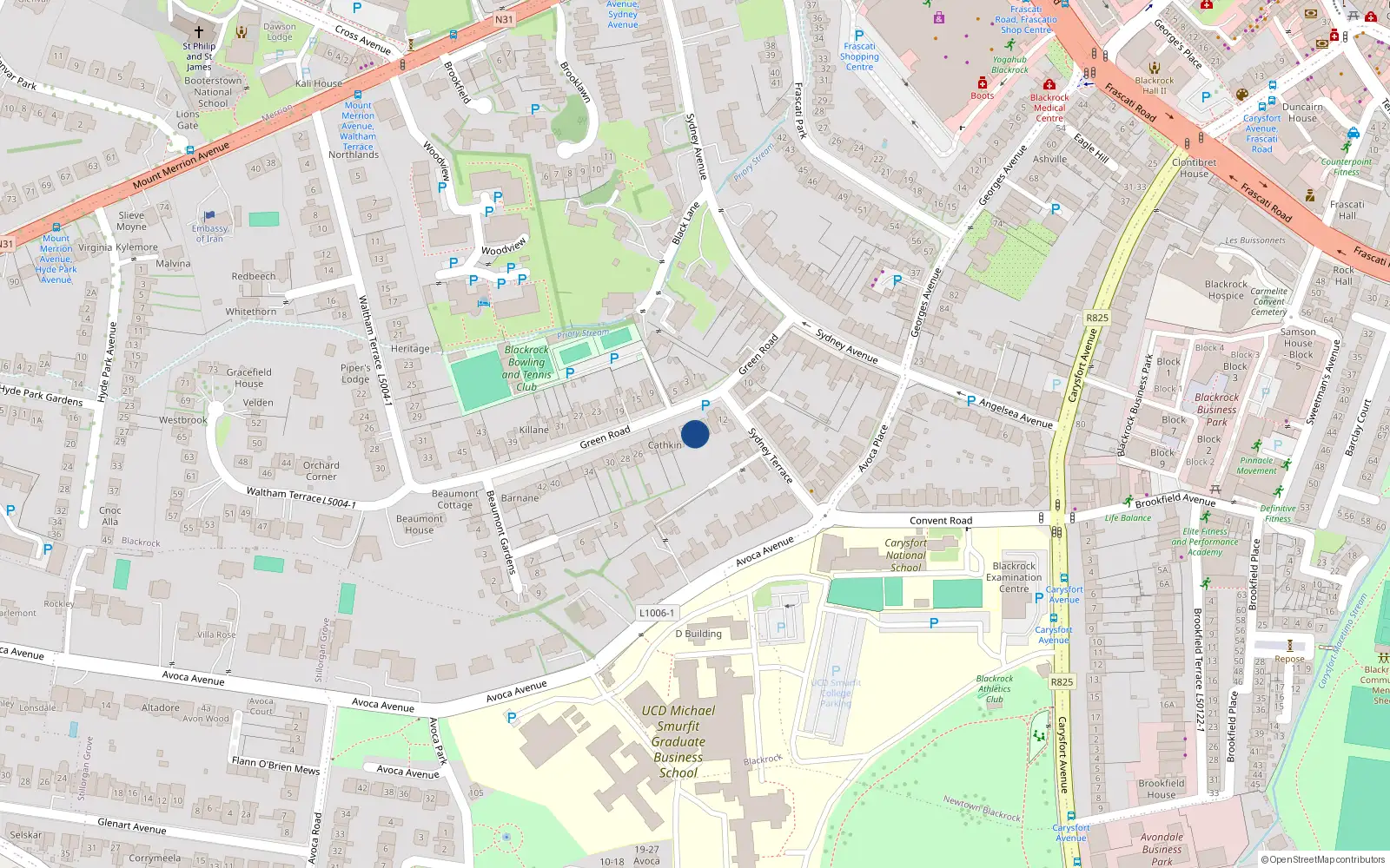 Overhead map showing the location of 18 Green Road, Blackrock